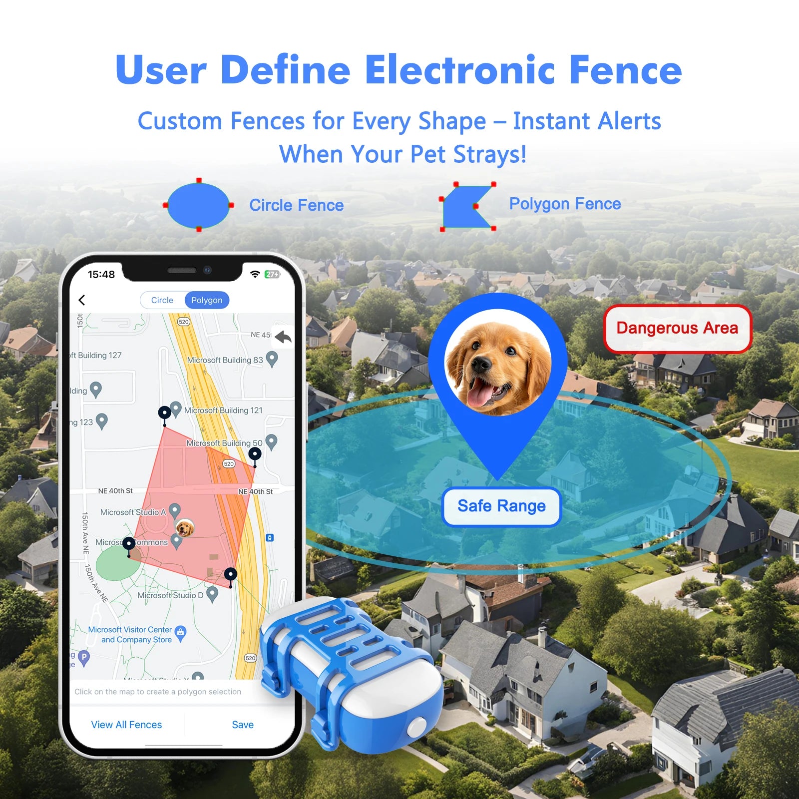 GPS pet tracker for dogs and cats by mypawbloom with built-in IoT SIM and WiFi tracking, shown in a sleek device image.