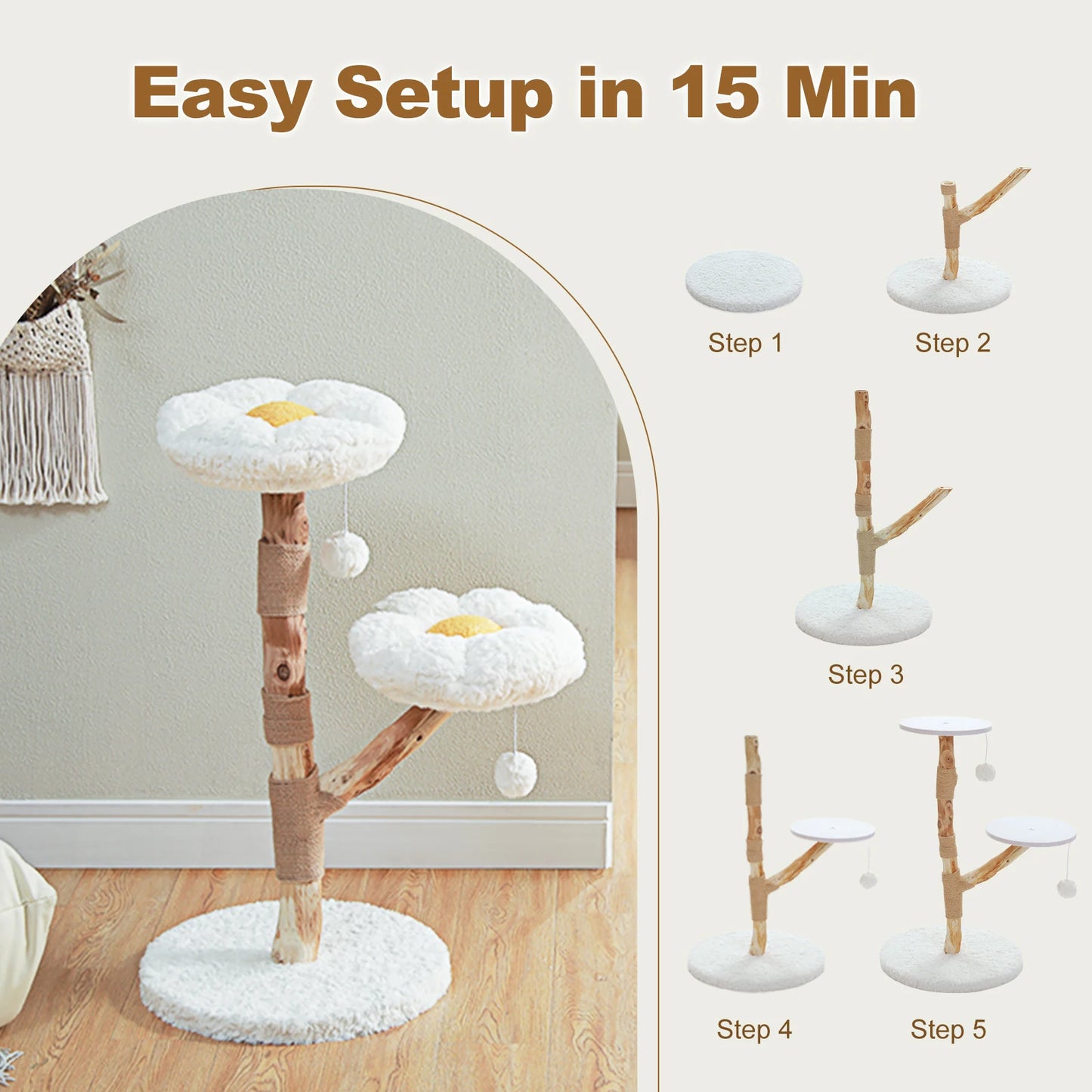 Modern wood flower cat tree for indoor cats by mypawbloom, featuring multiple platforms and a floral design for playful climbing.