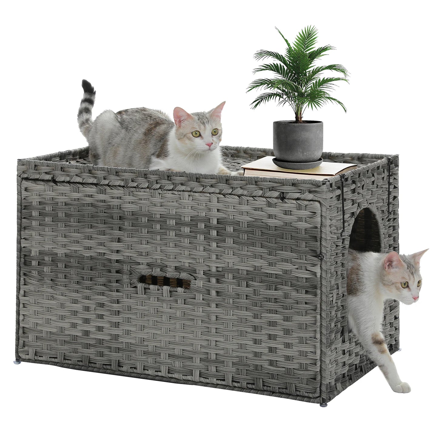 Rattan cat litter box enclosure with taller doorway from mypawbloom, featuring a stylish natural rattan design and spacious entry.