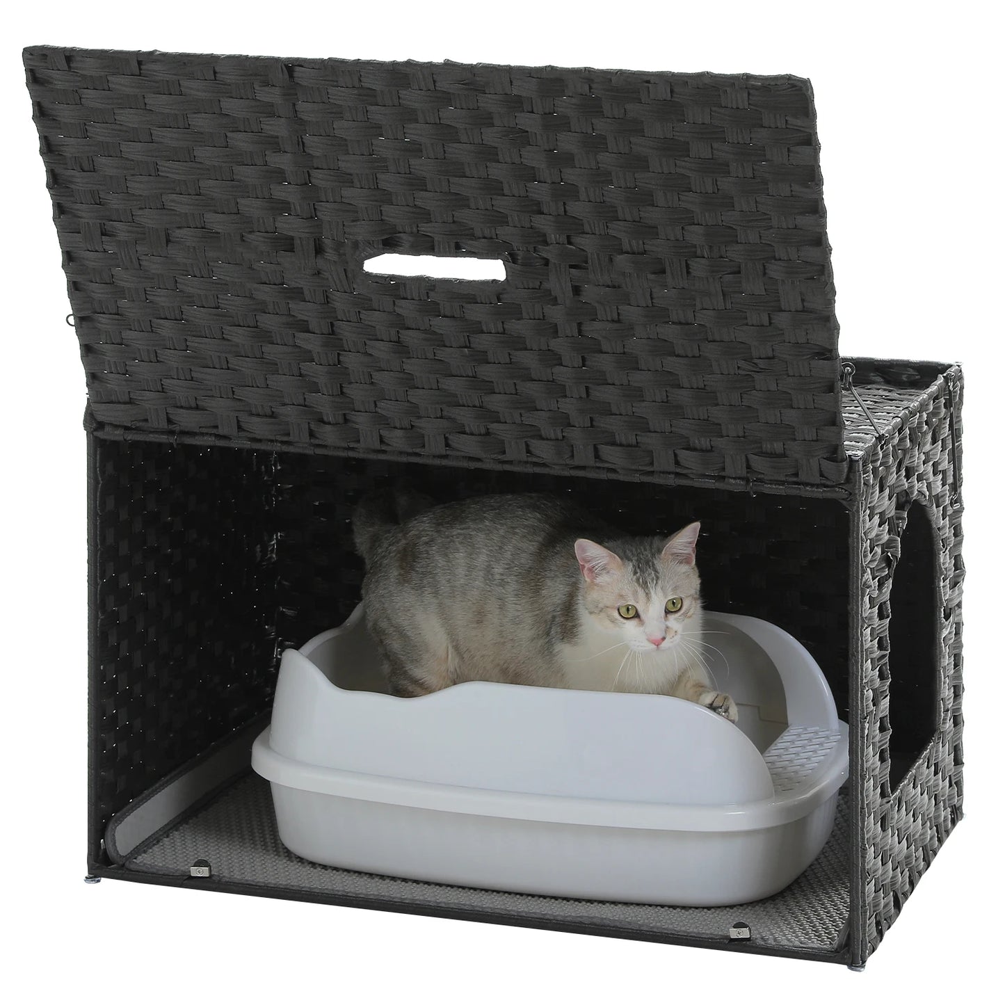 Rattan cat litter box enclosure by mypawbloom with tall doorway, providing a stylish and private hiding spot for cats.