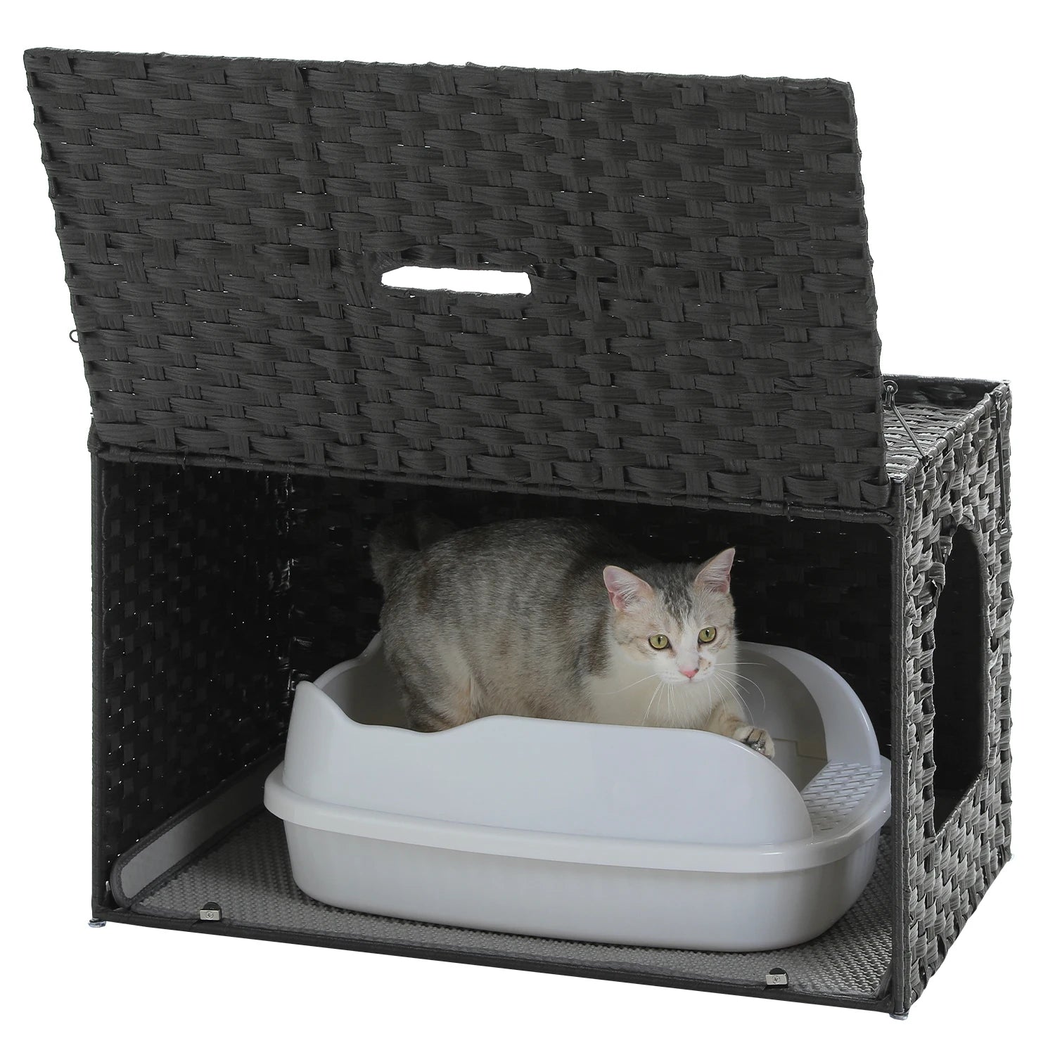 Rattan cat litter box enclosure with taller doorway by mypawbloom, featuring natural woven rattan design and spacious access.