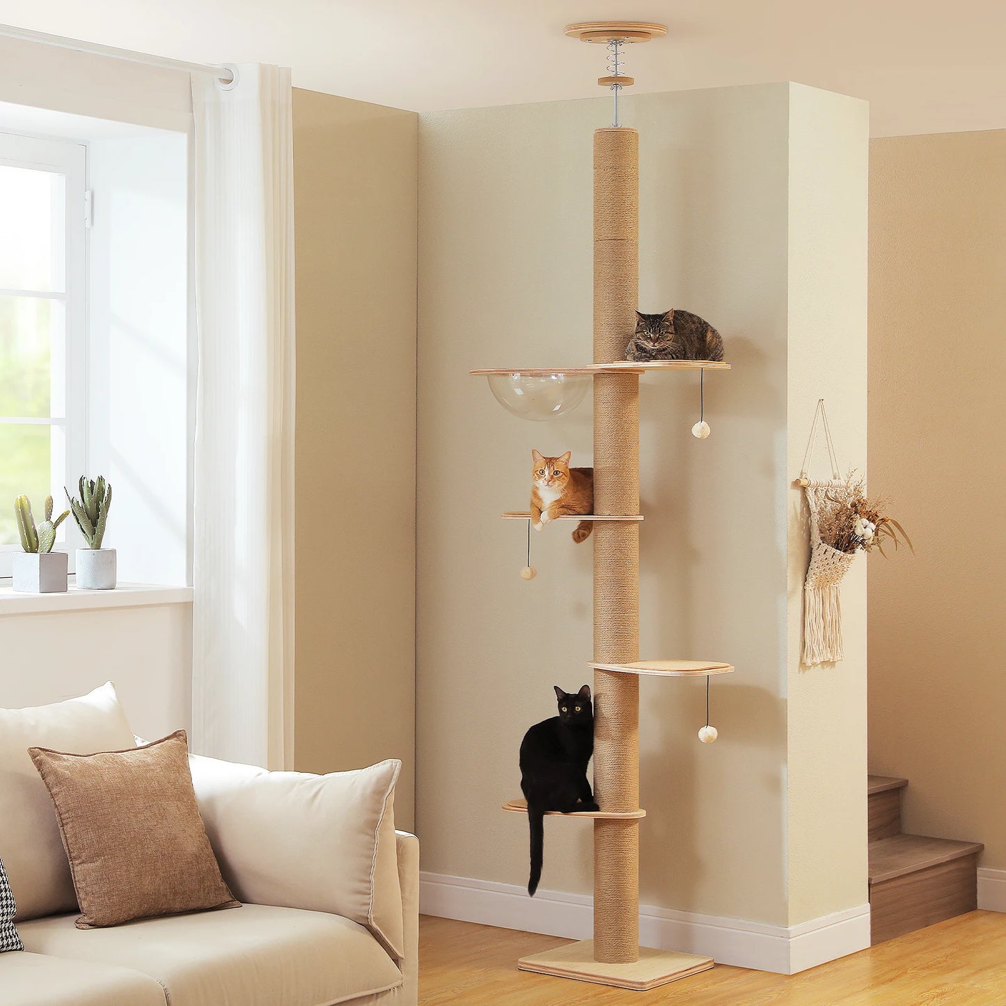Adjustable height floor to ceiling cat tree by mypawbloom with multiple platforms and cozy hideouts for indoor cats.