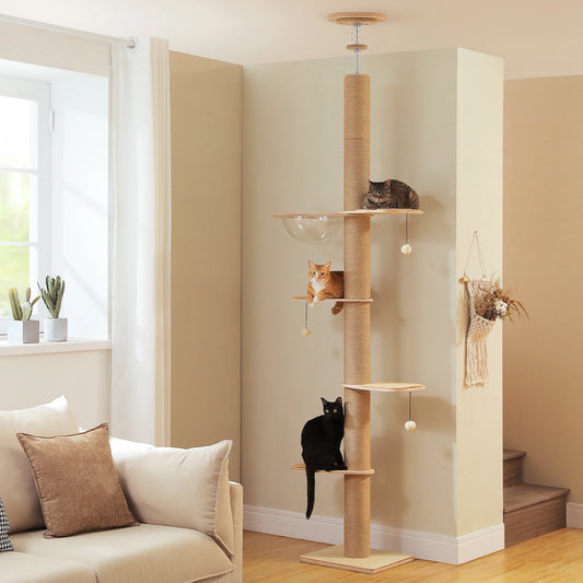 Adjustable height floor to ceiling cat tree by mypawbloom with multiple platforms and cozy hideouts for indoor cats.
