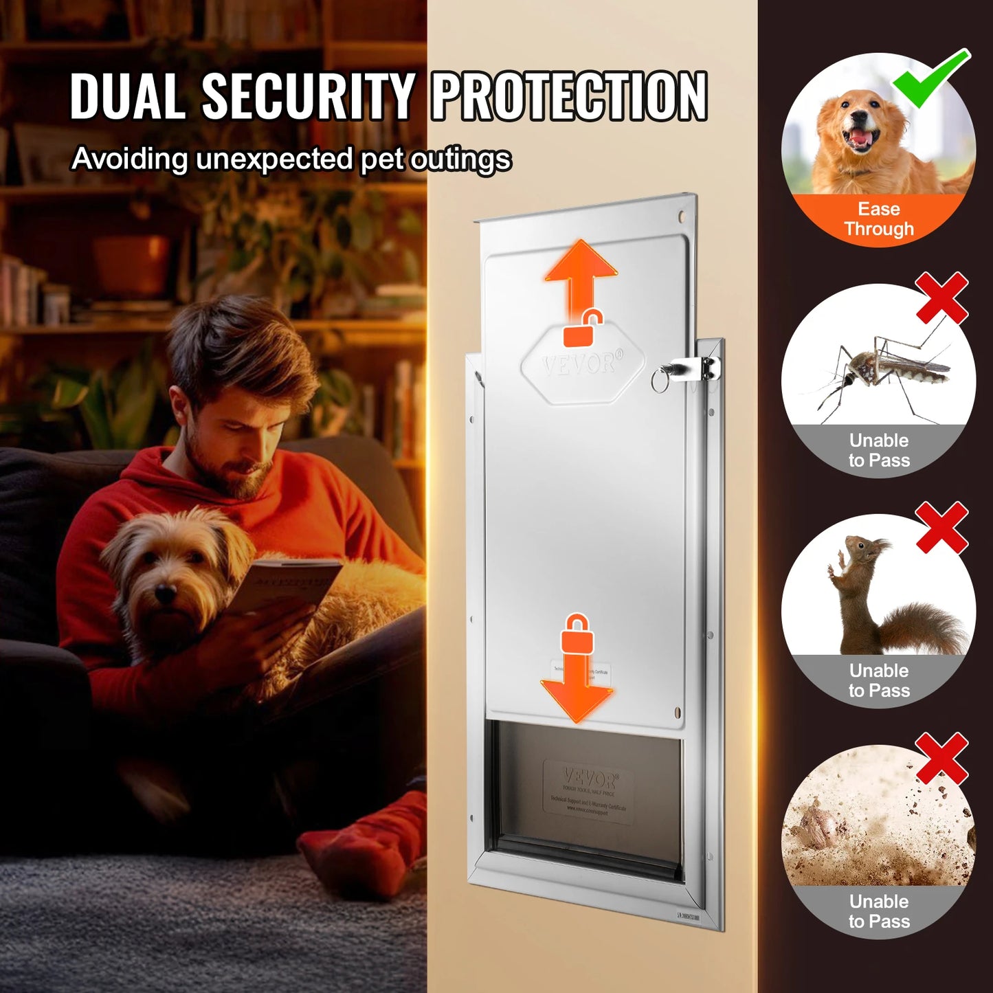 Weatherproof aluminum pet door with lock and flap system by mypawbloom, showing the secure frame and clear flap in the image.