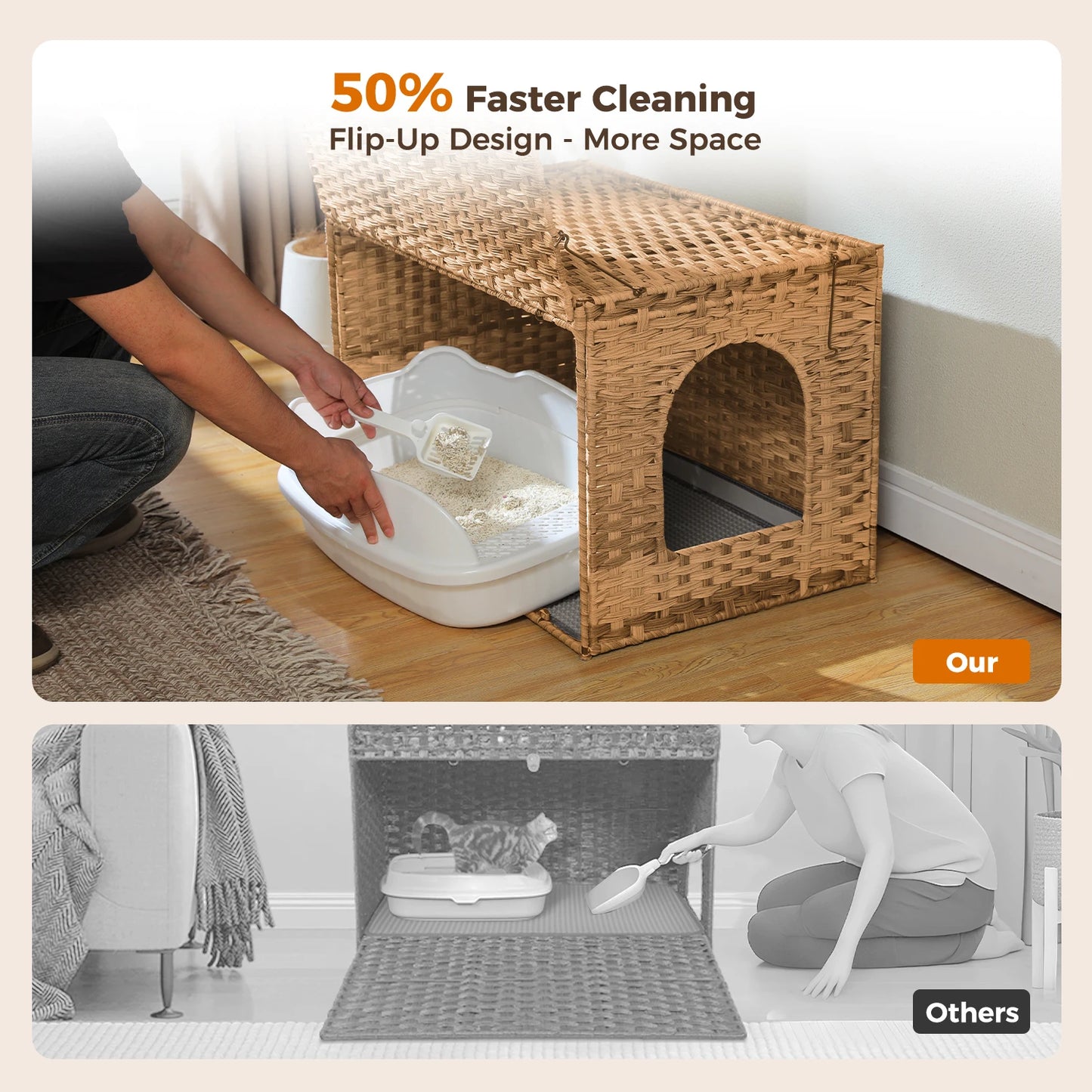 Rattan cat litter box enclosure by mypawbloom with taller doorway, showing a stylish, natural wood finish and secure door opening.