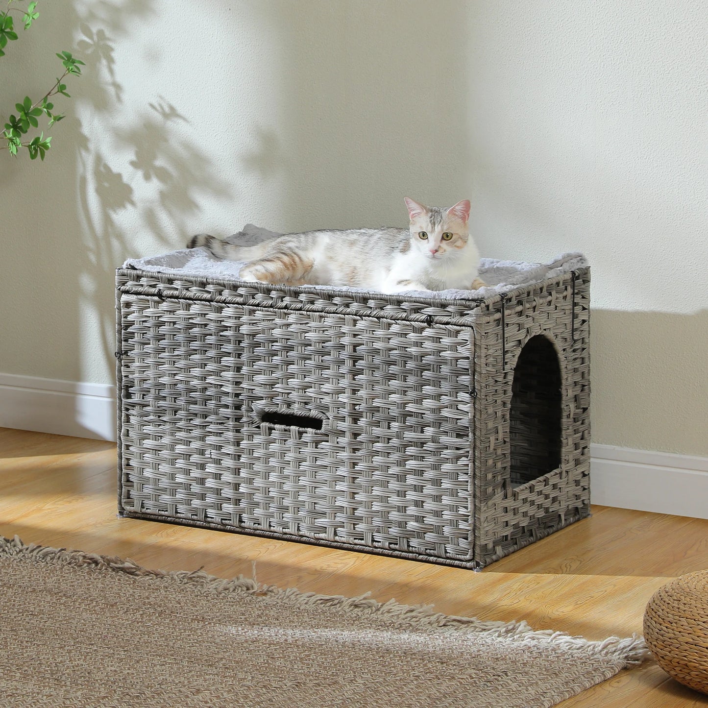 Rattan cat litter box enclosure with taller doorway by mypawbloom, featuring natural rattan design and spacious entry for cats.