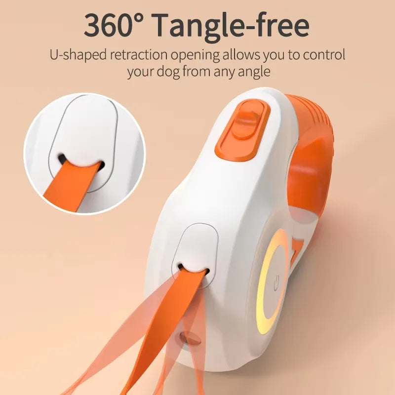 Automatic retractable dog leash with LED flashlight by mypawbloom, showing the leash extended with built-in light for nighttime walks.