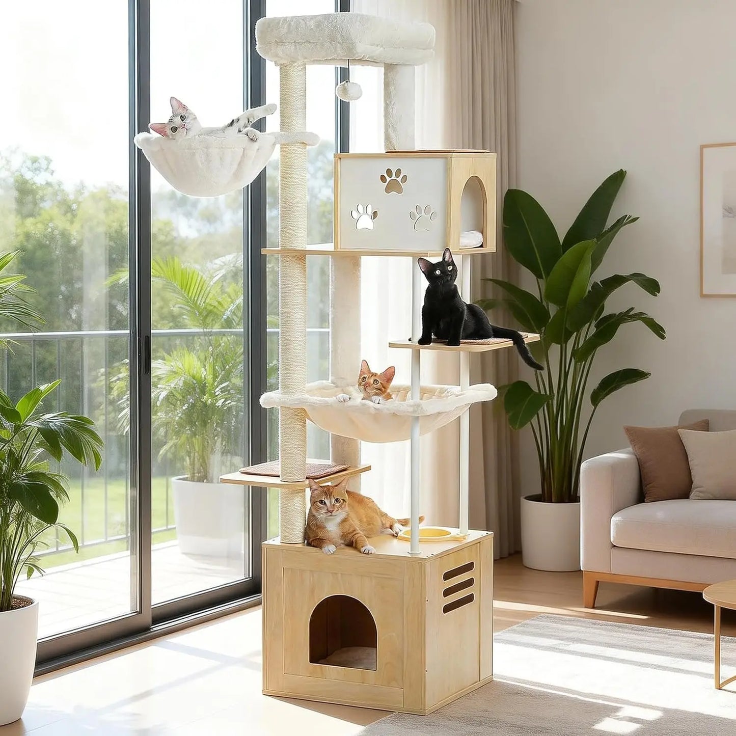 Large Cat Tree with Food Station, 74.8 Inches Wooden Tall Cat Tower