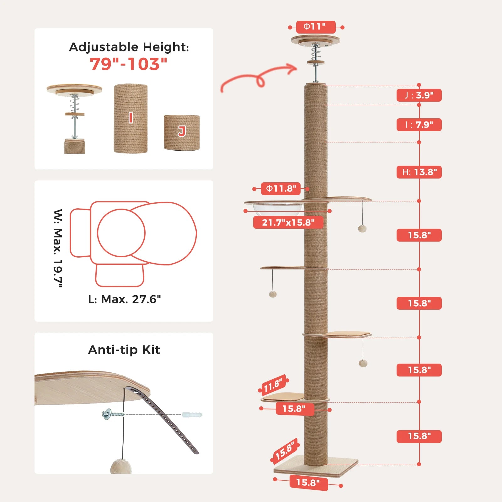 Adjustable height indoor cat tree by mypawbloom, floor to ceiling design with multiple platforms and cozy lounging spots for cats.