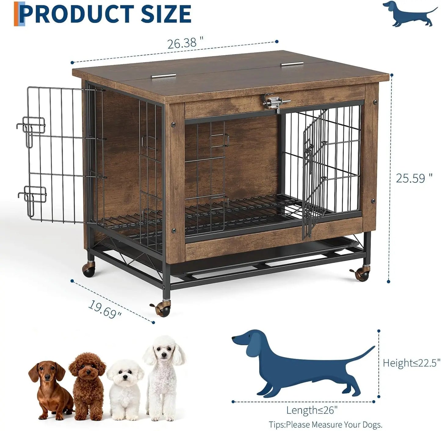 Rustic dog crate furniture with wheels by mypawbloom, featuring a wooden design and a spacious interior for pet comfort.