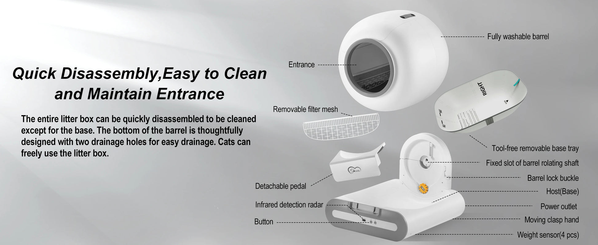 mypawbloom DOEL 65L self-cleaning cat litter box with app control, featuring sleek design and 2.4G WiFi connectivity.