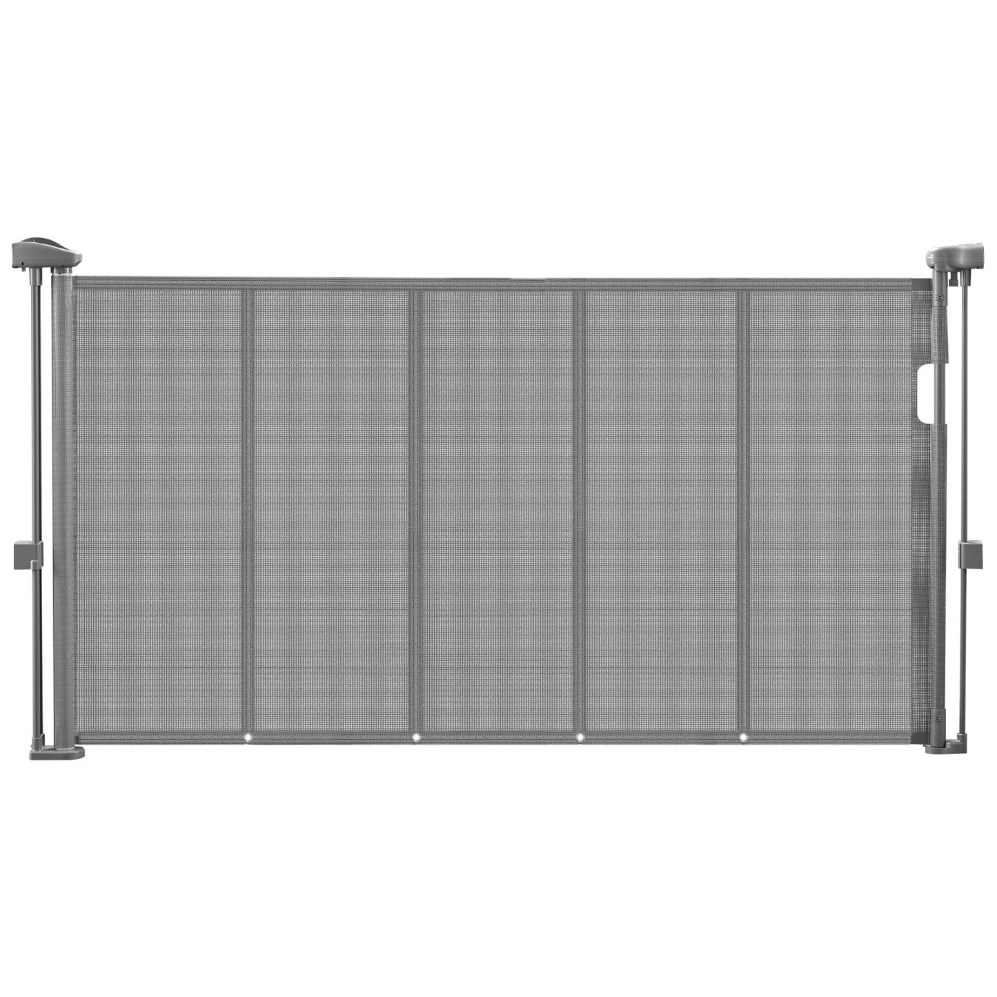 Mypawbloom SucceBuy retractable mesh gate in 55, 71, or 110 inches, 34 inches tall, shown extended and in use as a pet barrier.