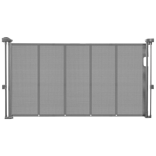 Mypawbloom SucceBuy retractable mesh gate in 55, 71, or 110 inches, 34 inches tall, shown extended and in use as a pet barrier.