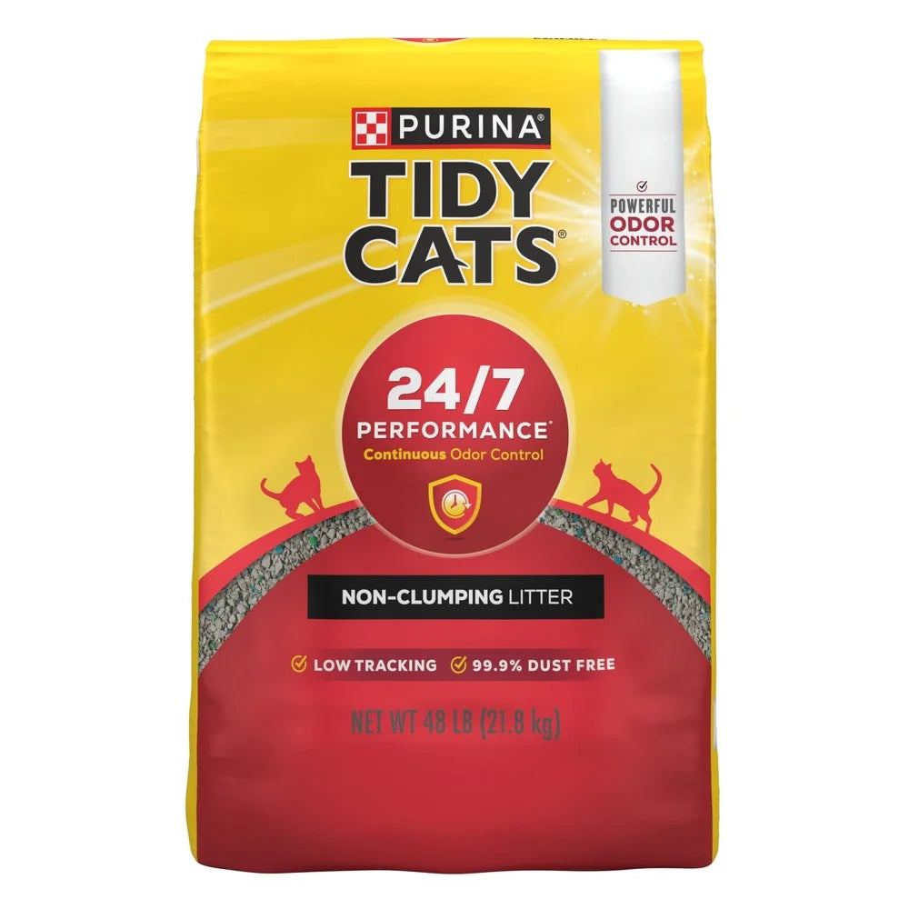Mypawbloom multi-cat non-clumping cat litter in a 48lb bag with odor control features, showing the bag's packaging and branding.