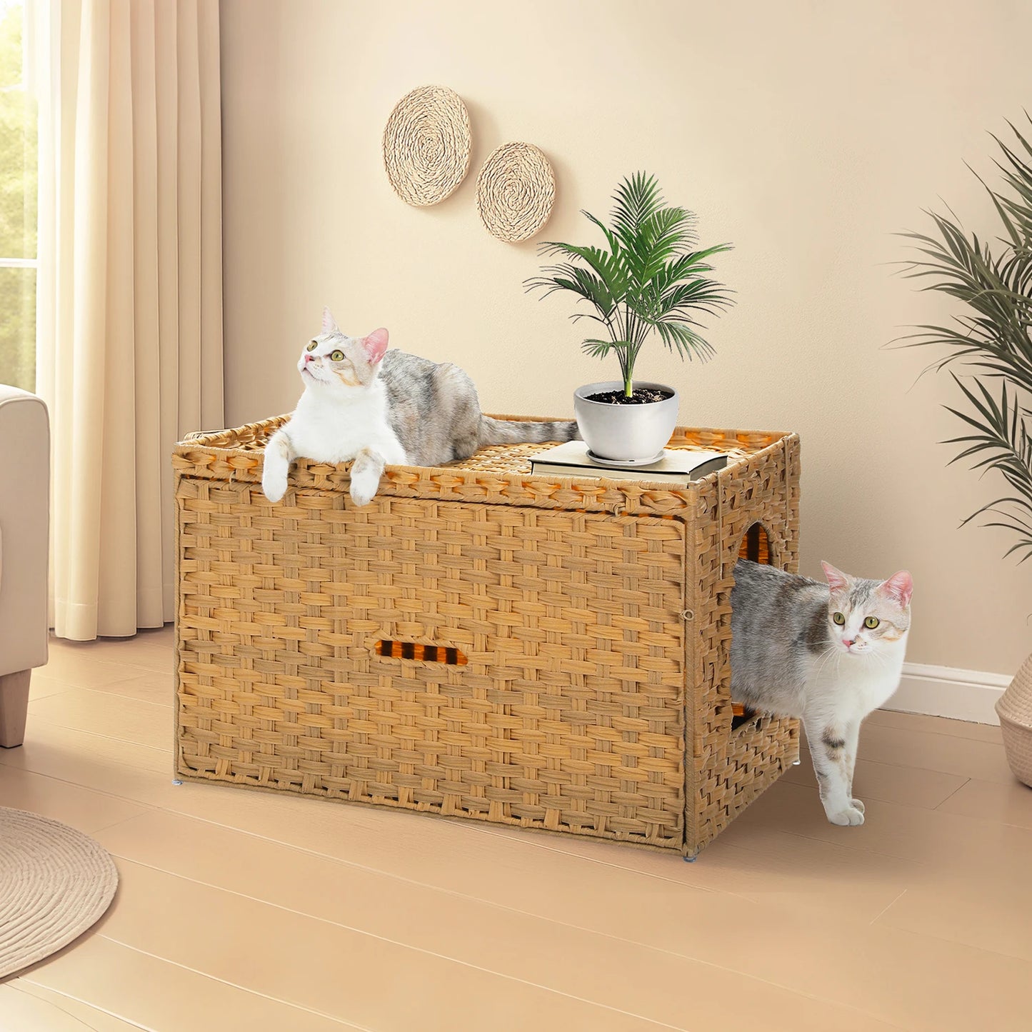 Rattan cat litter box enclosure with taller doorway by mypawbloom, showing natural woven rattan design and spacious entryway