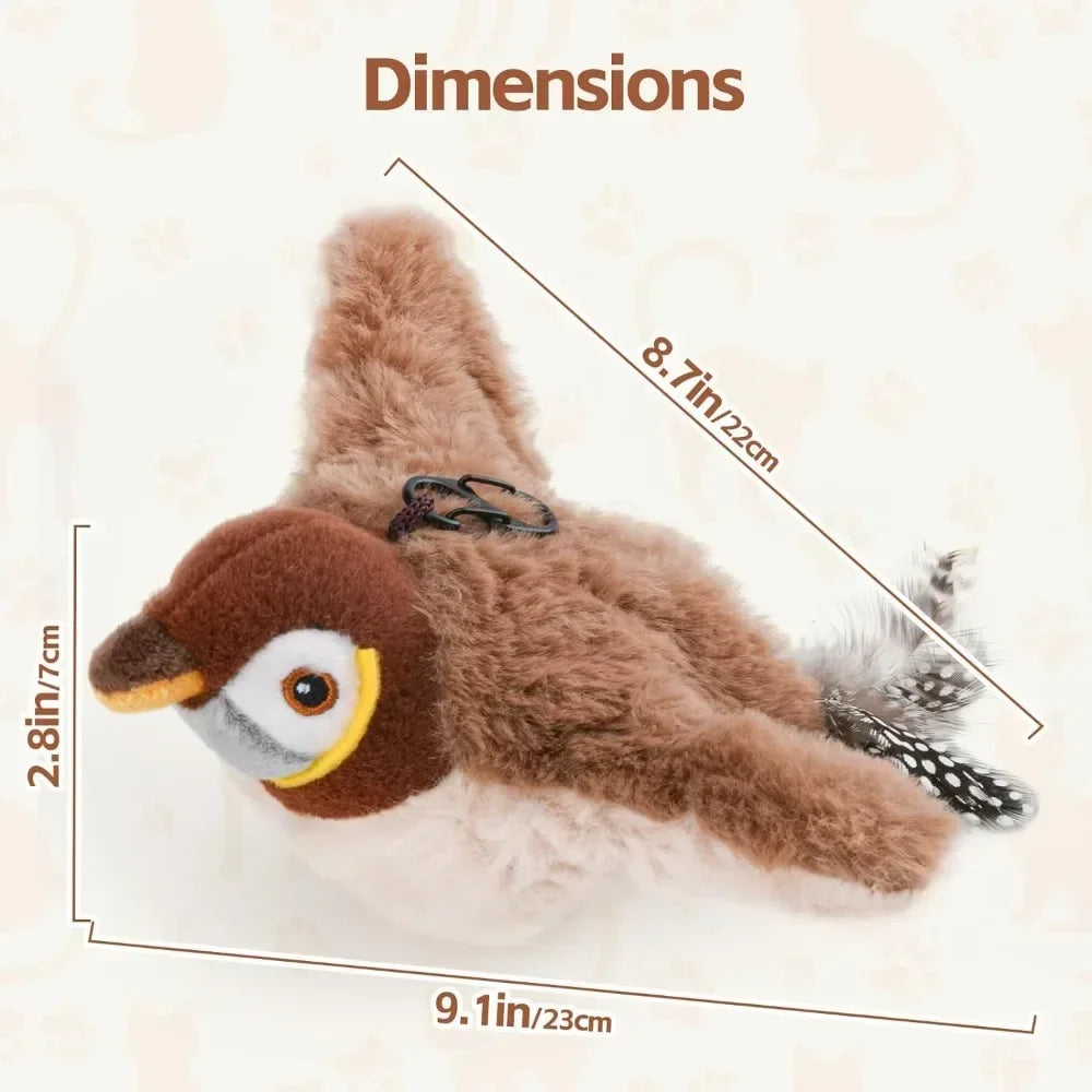 Rechargeable chirping flapping bird plush toy for cats by mypawbloom, touch-activated with squeak and catnip scent in soft fabric.