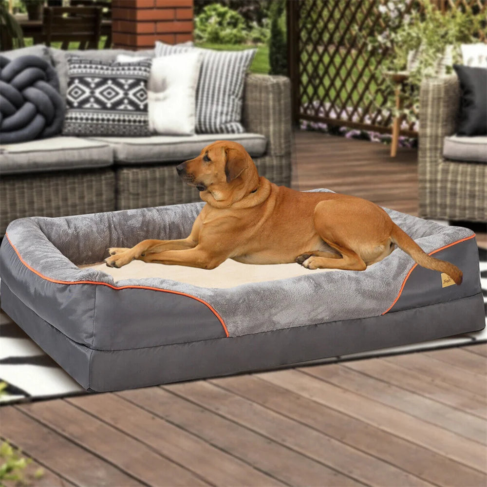 Large orthopedic dog bed with memory foam and removable cover by mypawbloom, featuring plush fabric and cushioned support for pets.