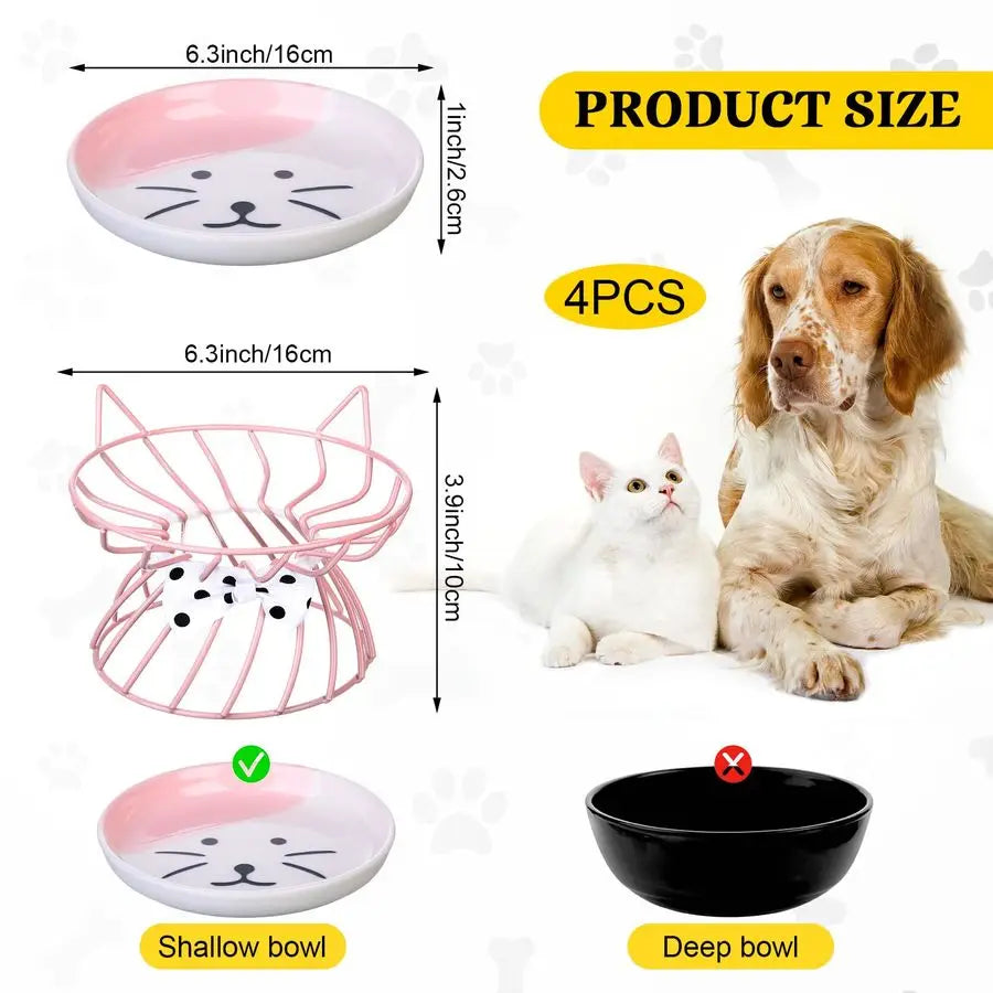 Set of four elevated ceramic cat bowls with metal stand from mypawbloom, ideal for feeding and watering cats comfortably.