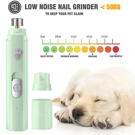 Mypawbloom electric dog nail grinder with USB recharge, LED light, compact design, suitable for grooming pets.