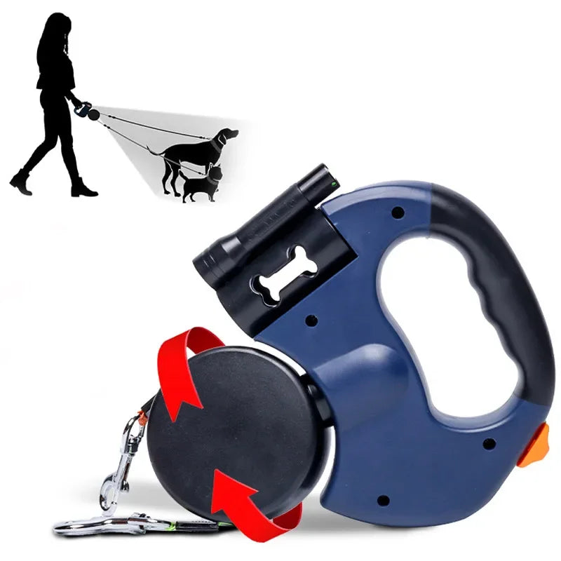 Mypawbloom 3in1 double head automatic retractable dog leash with flashlight and poop bag dispenser, black and silver design