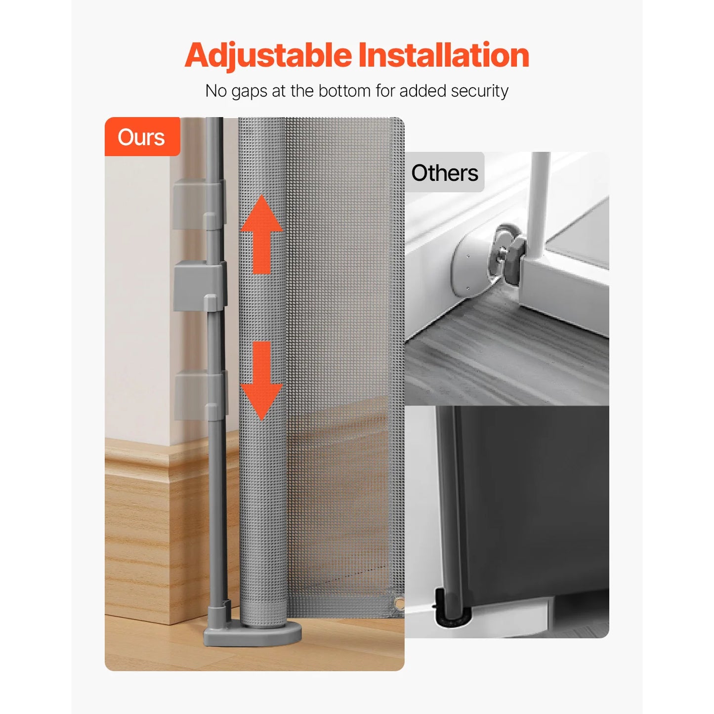 Mypawbloom SucceBuy retractable mesh gate in 55/71/110 inches, 34 inches tall, shown in a home doorway with mesh rolled out