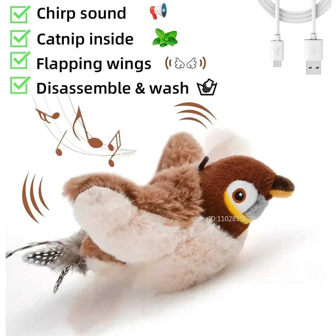 MyPawbloom rechargeable plush bird toy for cats with chirping, flapping, and squeak sounds, touch-activated, with catnip inside.
