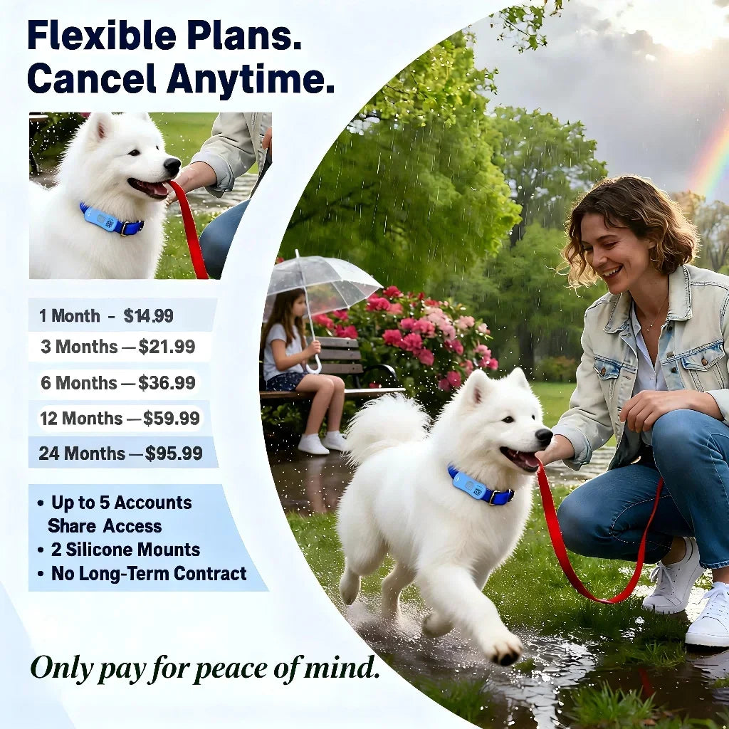 MyPawbloom GPS pet tracker for dogs and cats, compact device with built-in IoT SIM and WiFi tracking for pet safety.