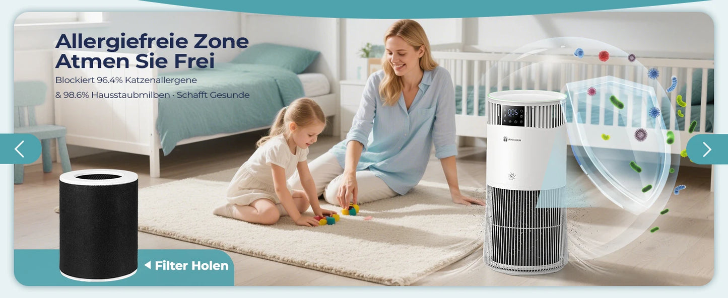 mypawbloom Amicura P2 Air Purifier designed for pet allergy sufferers, showing sleek design and filter system in the image.