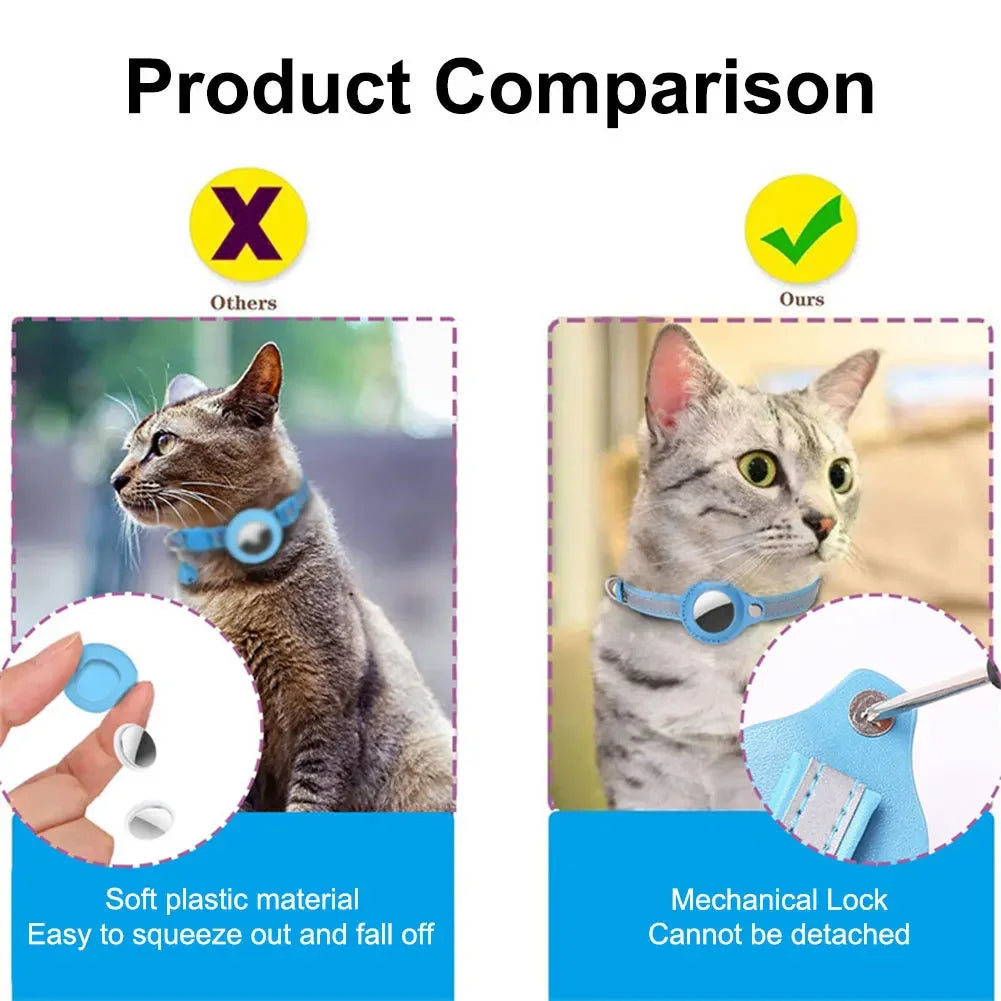Reflective cat collar with Apple AirTag holder by mypawbloom, featuring reflective material and adjustable strap for pets.