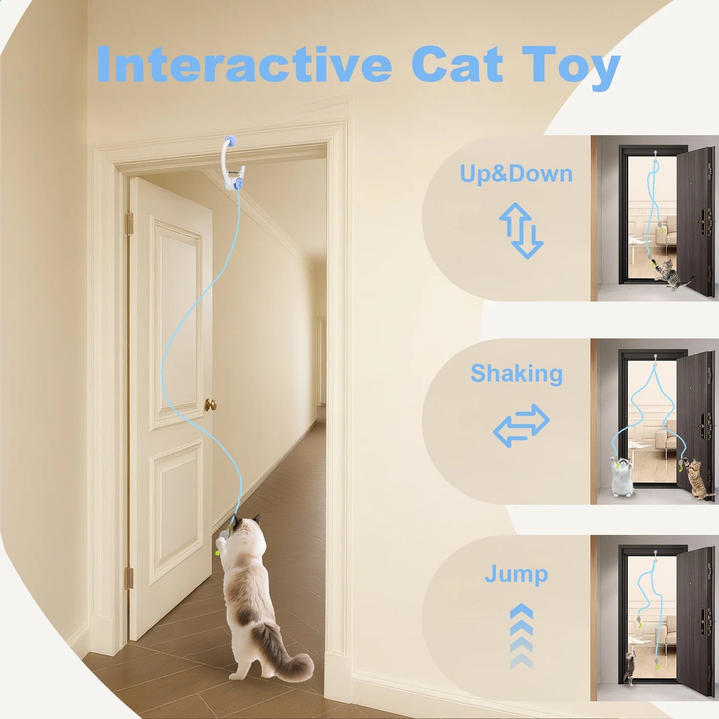 Electric hanging cat toy by mypawbloom with interactive motion, designed to entertain cats through door-mounted play.