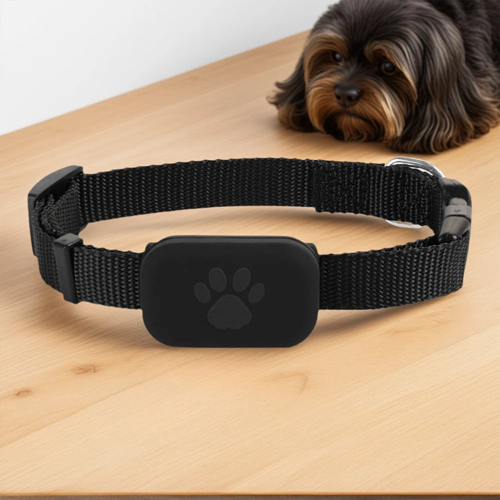Mypawbloom Pet GPS Tracker with adjustable collar, small device designed for tracking dogs or cats, with a sleek black design.