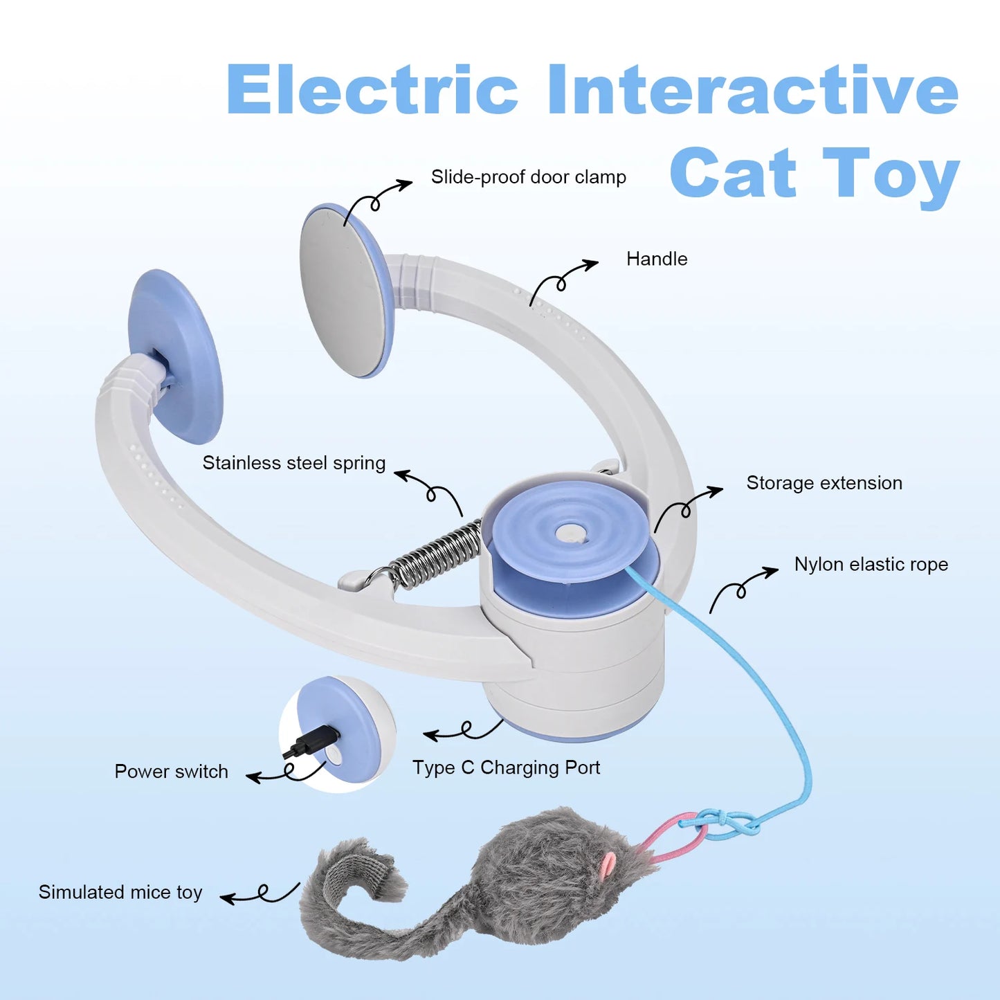 Electric hanging cat toy by mypawbloom with an interactive door attachment, designed to entertain cats and stimulate play.
