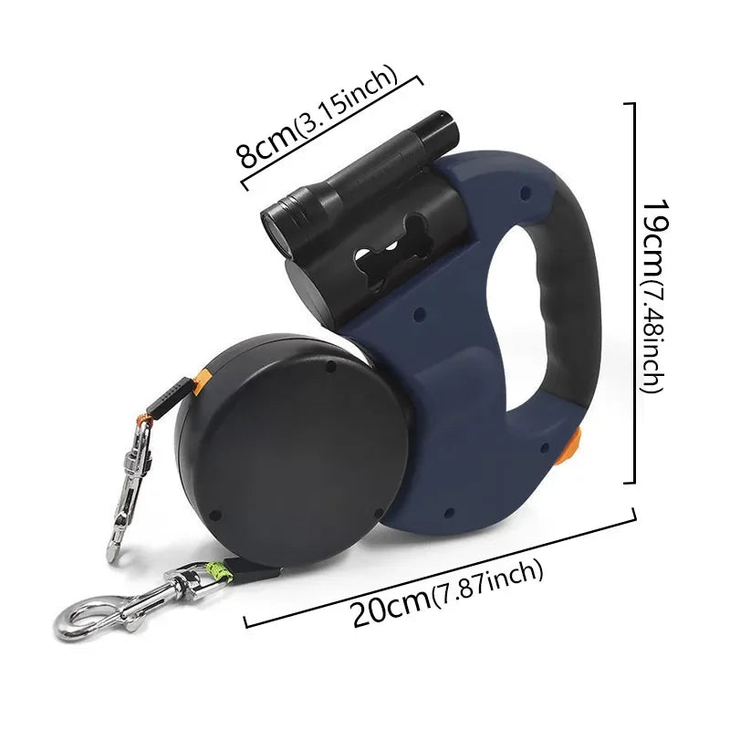 Mypawbloom 3-in-1 double head automatic retractable dog leash with flashlight and poop bag dispenser, shown with leash extended.