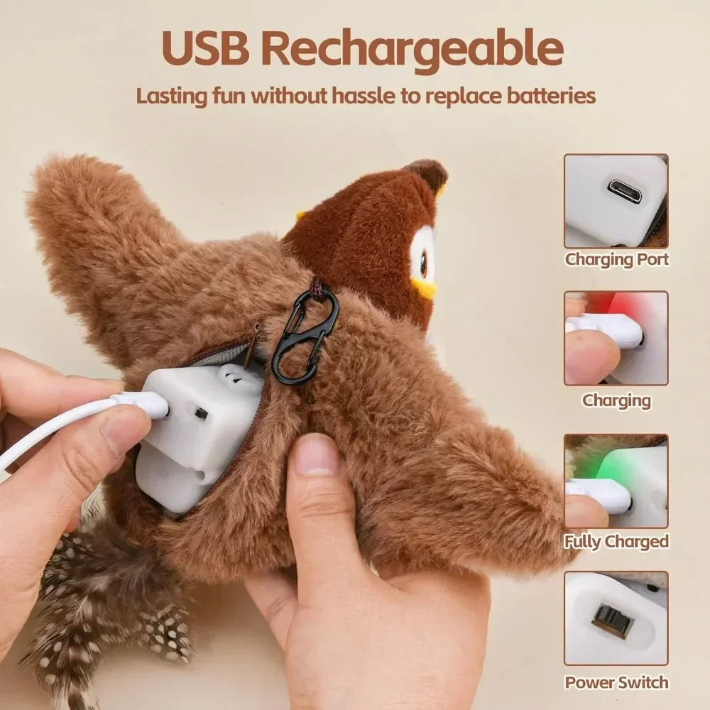 MyPawbloom rechargeable chirping, flapping catnip plush toy with touch-activated squeaker for cats.