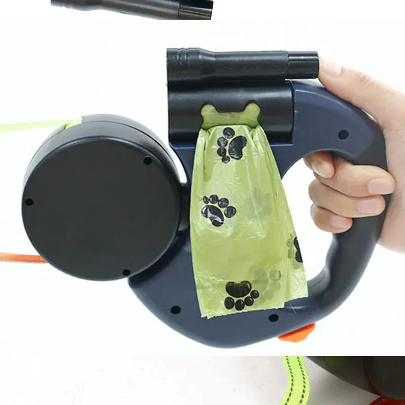 MyPawbloom 3-in-1 double head retractable dog leash with flashlight and poop bag dispenser, shown with leash and accessories.