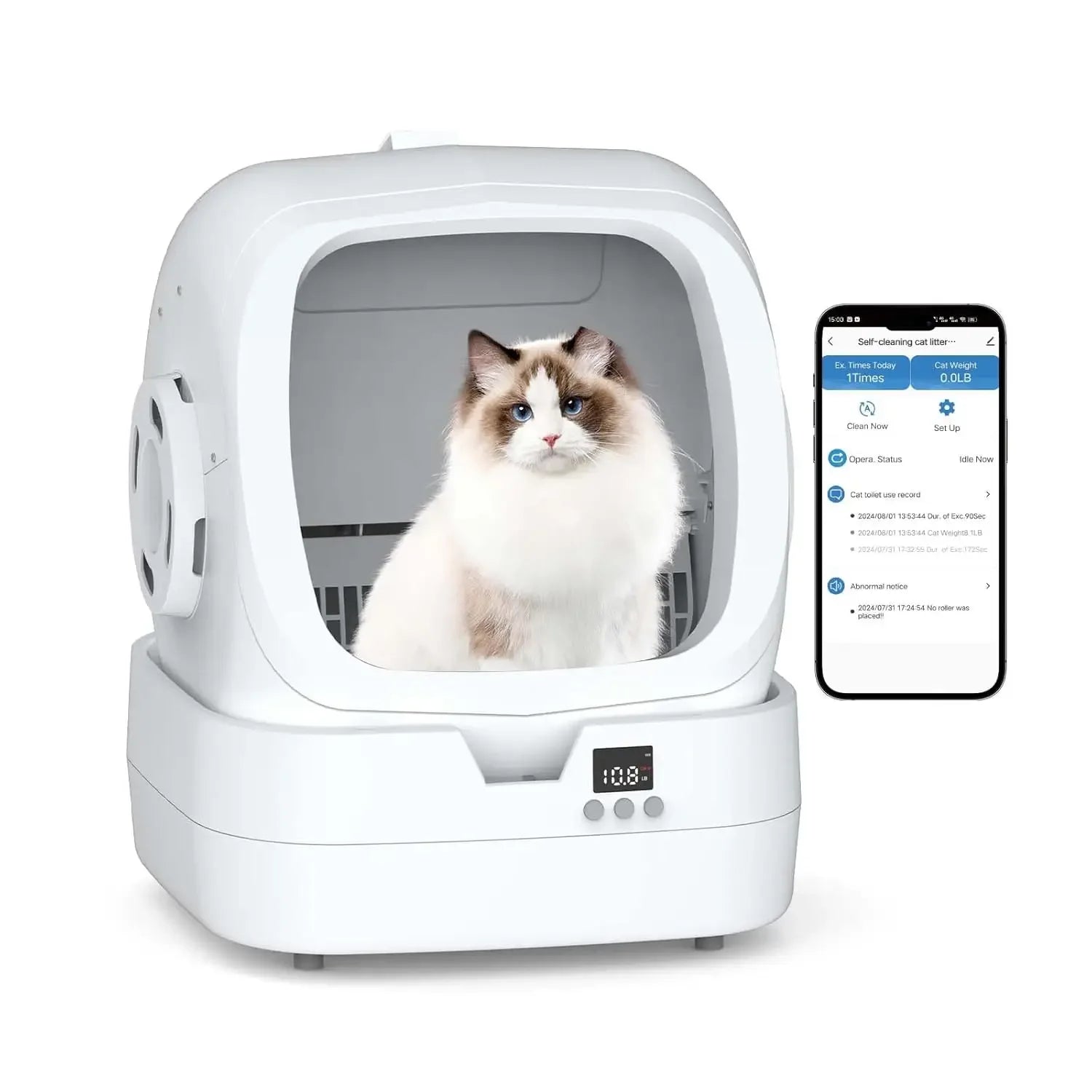 Automatic cat litter box by mypawbloom with self-cleaning, app control, and weight monitoring, shown in a modern home setting.