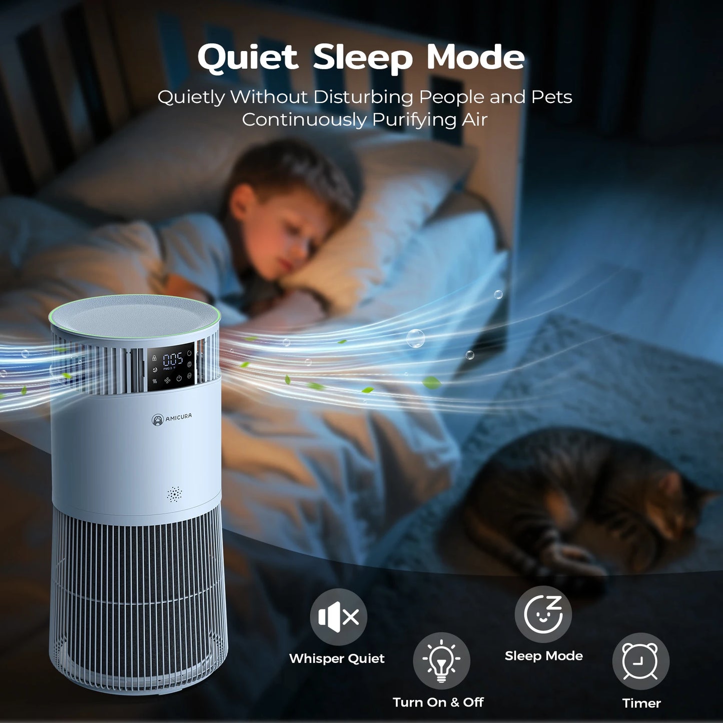 myPawbloom Amicura P2 air purifier designed for pet allergy sufferers, shown in a modern home setting.