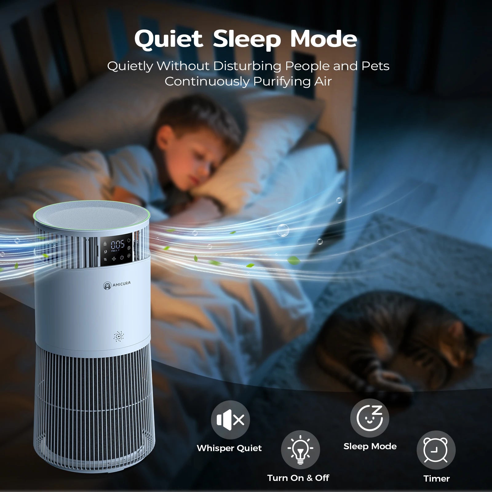 myPawbloom Amicura P2 air purifier designed for pet allergy sufferers, shown in a modern home setting.
