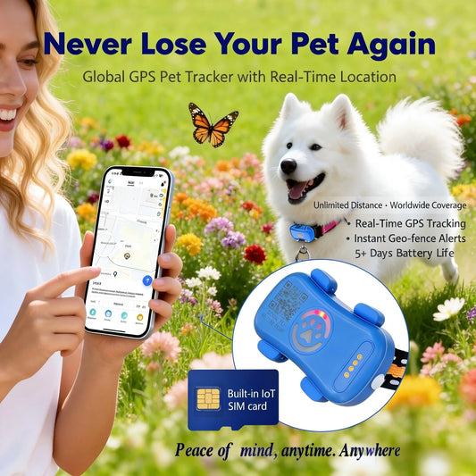 mypawbloom GPS pet tracker for dogs and cats with built-in IoT SIM and WiFi tracking, compact and easy to use.