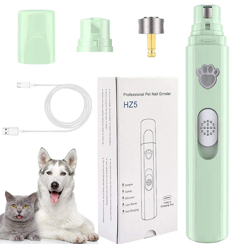 MyPawbloom electric dog nail grinder with USB rechargeability and LED light, showing the compact device with grinding attachment.