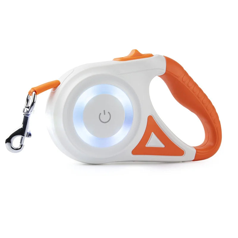 mypawbloom 5M automatic retractable dog leash with LED flashlight, showing the leash extended and the built-in light in use