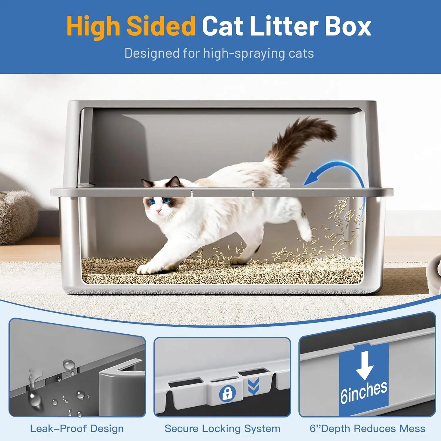 Two stainless steel cat litter boxes with lids from mypawbloom, large size, sleek design, and secure cover for easy cleaning.
