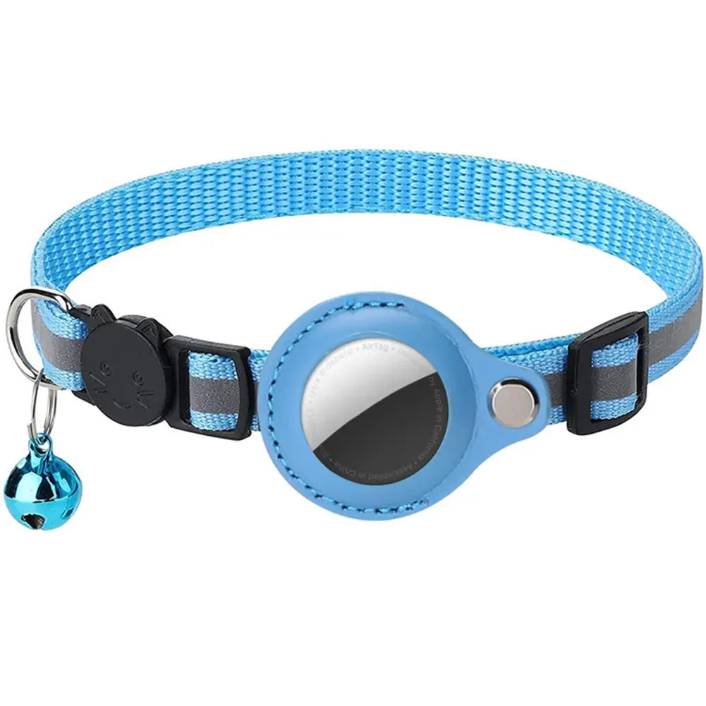 Reflective cat collar with Apple AirTag holder by mypawbloom, featuring a secure buckle and reflective strip for visibility.