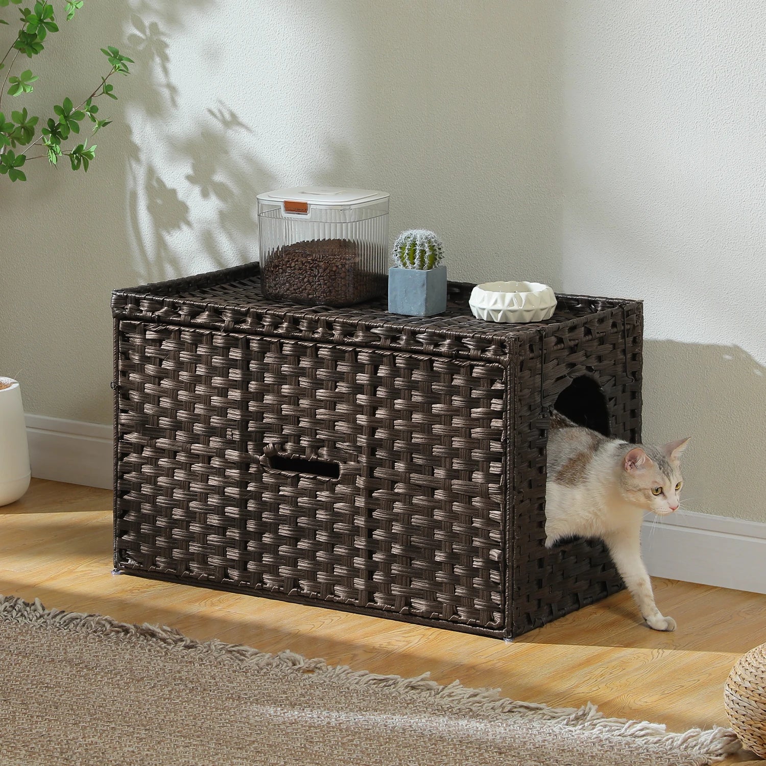 Rattan cat litter box enclosure with taller doorway by mypawbloom, featuring a stylish natural rattan design and spacious access.
