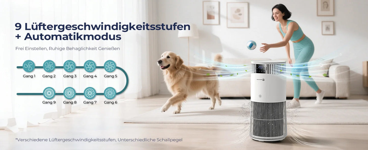 MyPawbloom Amicura P2 Air Purifier designed for pet allergy relief, shown in a modern living room setting.