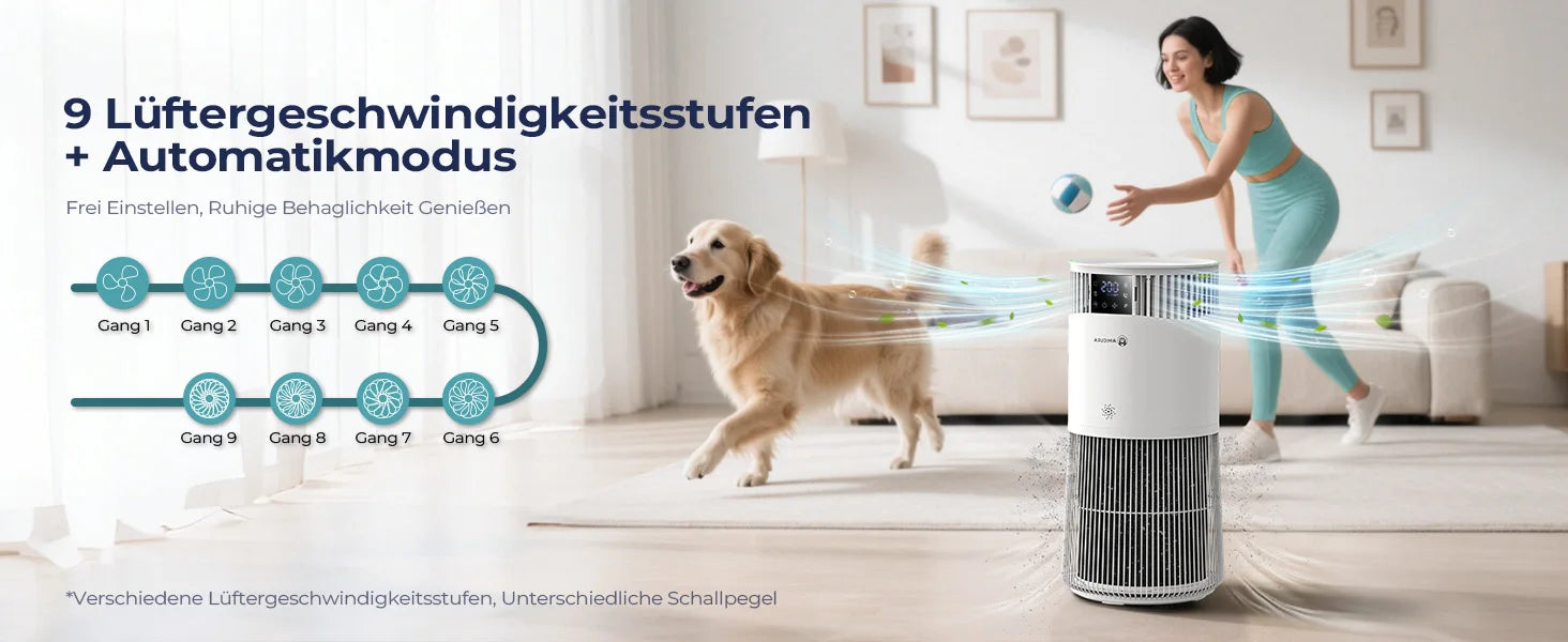 MyPawbloom Amicura P2 Air Purifier designed for pet allergy relief, shown in a modern living room setting.