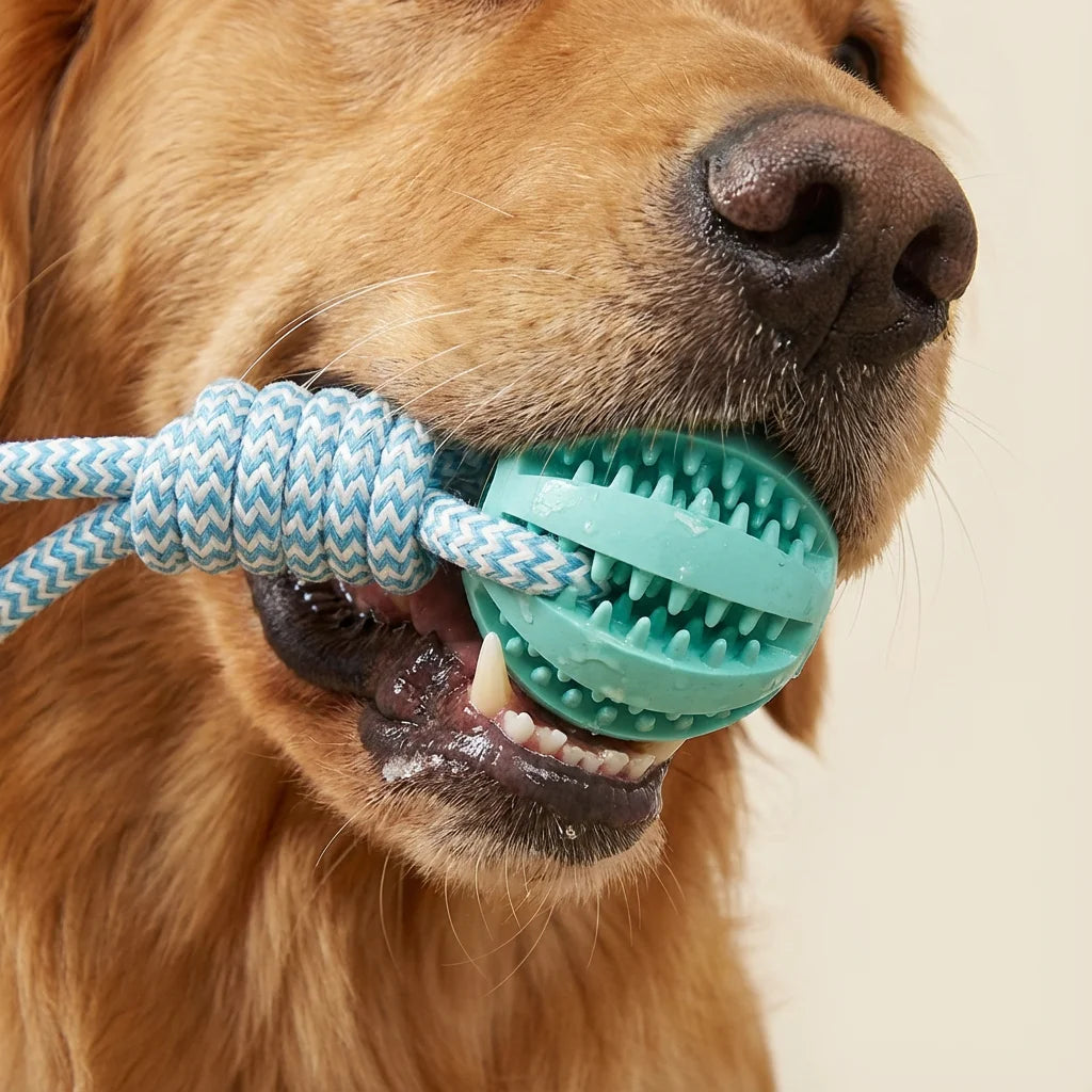 MyPawbloom cotton rope and rubber dog chew ball with treat dispenser, durable toy for dogs to chew and play with.