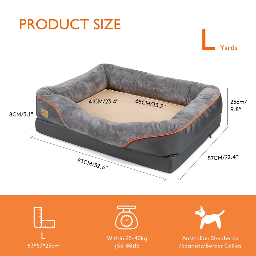 Large orthopedic dog bed with memory foam and removable cover by mypawbloom, showcasing plush cushioning and soft fabric.