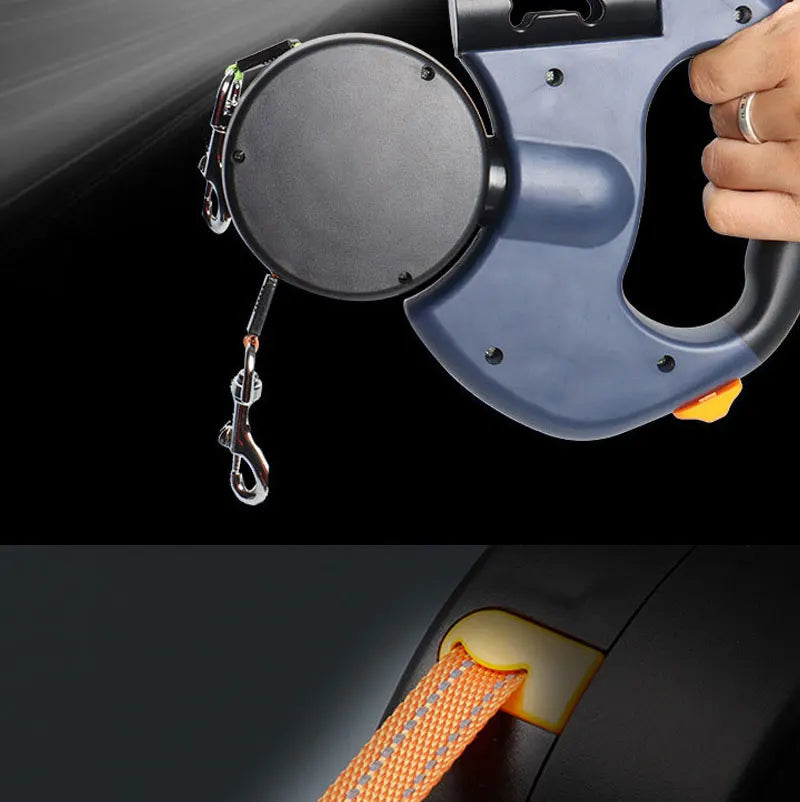 Mypawbloom 3-in-1 double head retractable dog leash with flashlight and poop bag dispenser on a leash handle.