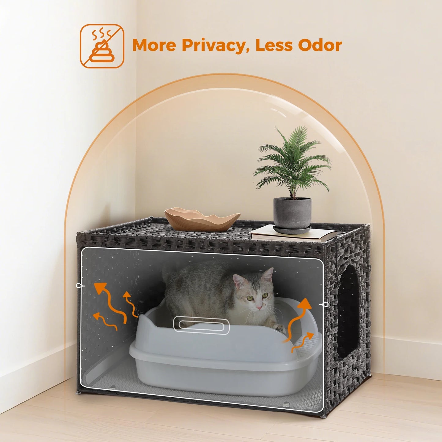 Rattan cat litter box enclosure with taller doorway by mypawbloom, featuring natural woven design and spacious interior